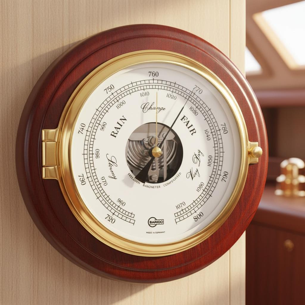 Barigo Captain barometer met thermometer Ø210 mm – mahonie messing uitvoering 1585MS in een luxe sfeerbeeld op een houten achtergrond