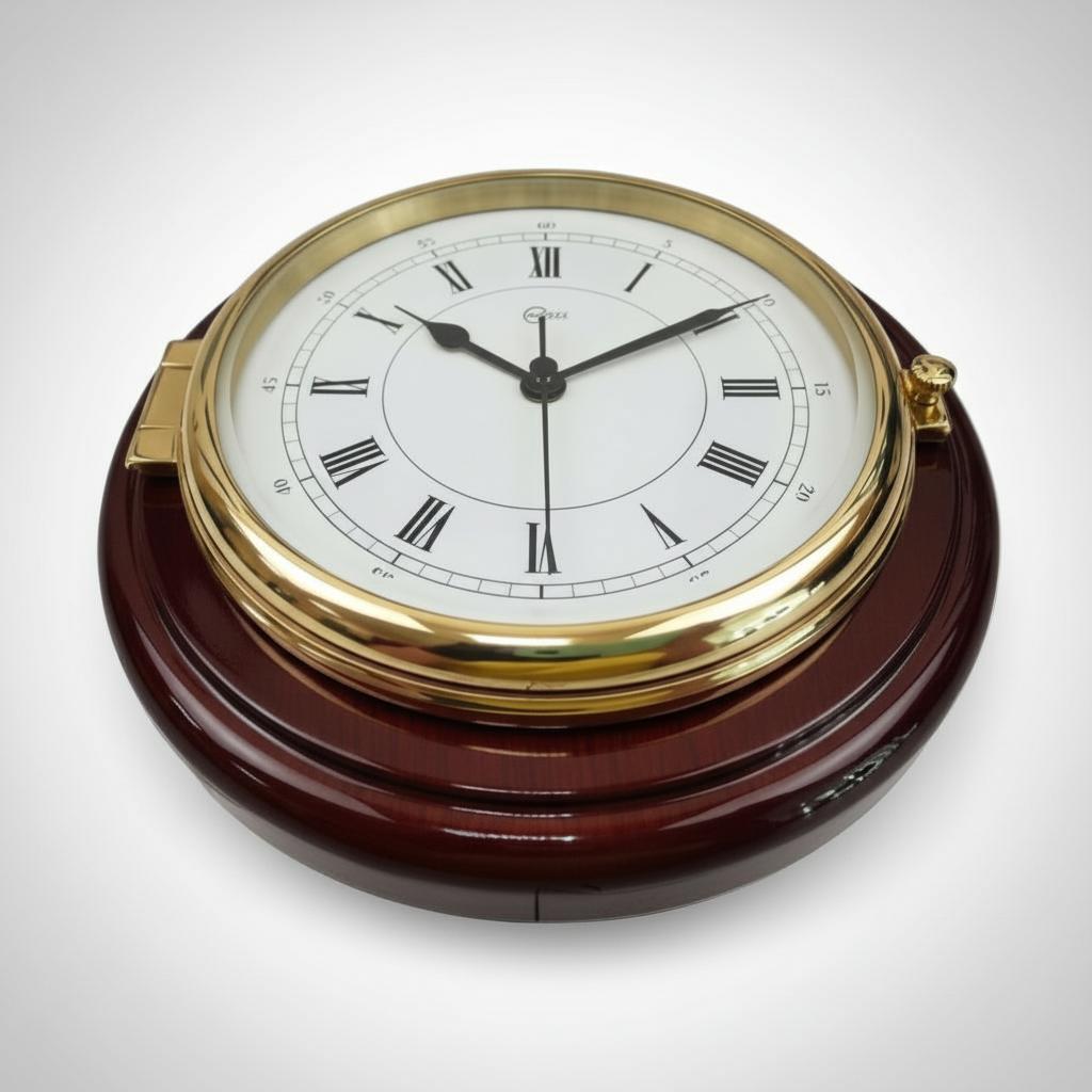 Barigo Captain scheepsklok Ø210 mm in de uitvoering messing met mahonie behuizing foto van schuin bovenaf genomen