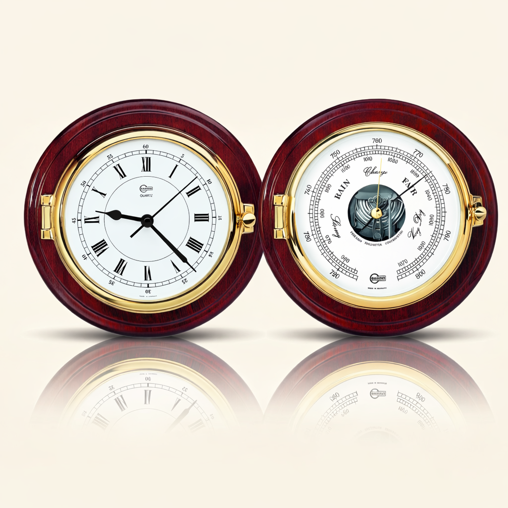 Barigo Captain scheepsklok en barometer set 210 mm met thermometer functie messing met mahonie behuizing rond