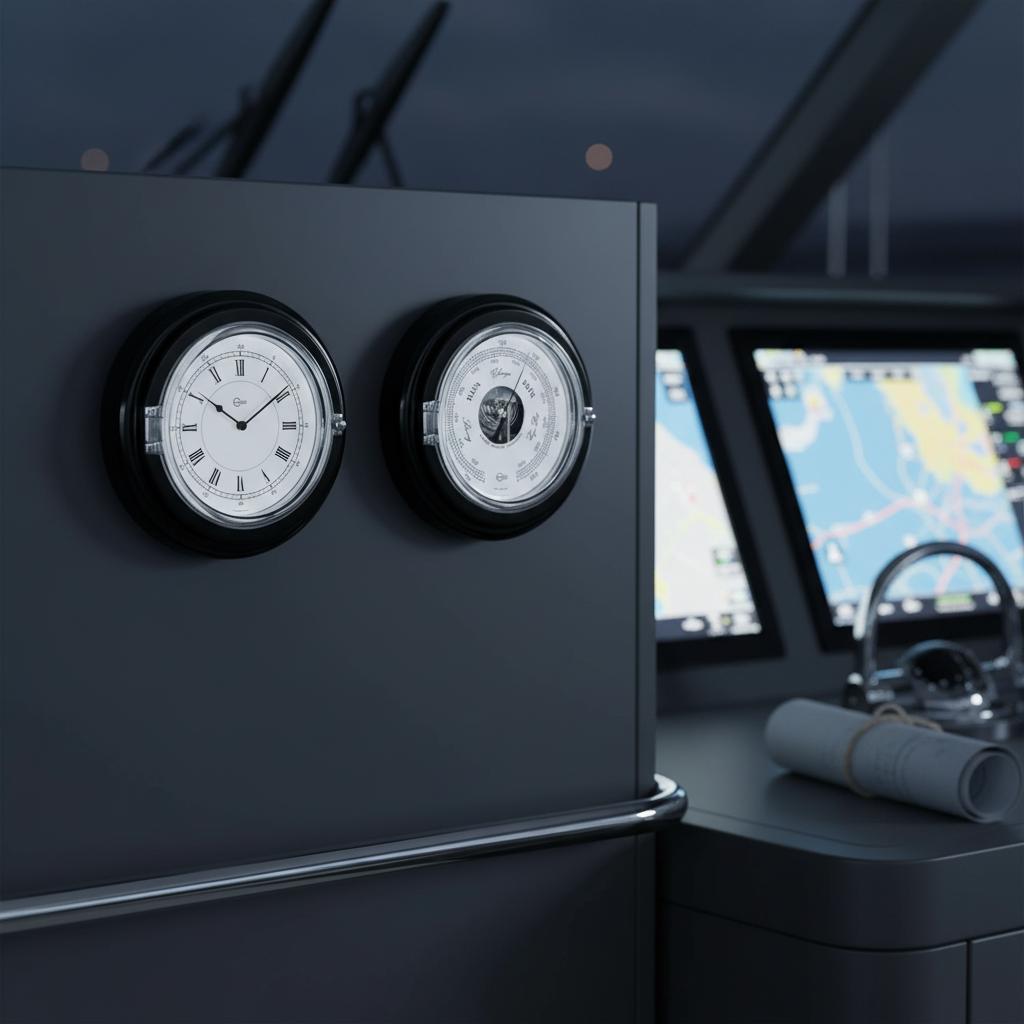 Barigo Captain scheepsklok en barometer set 210 mm met thermometer functie zwarte ronde wandplaat met verchroomde behuizing hangend in een captains hut aan een zwarte wand