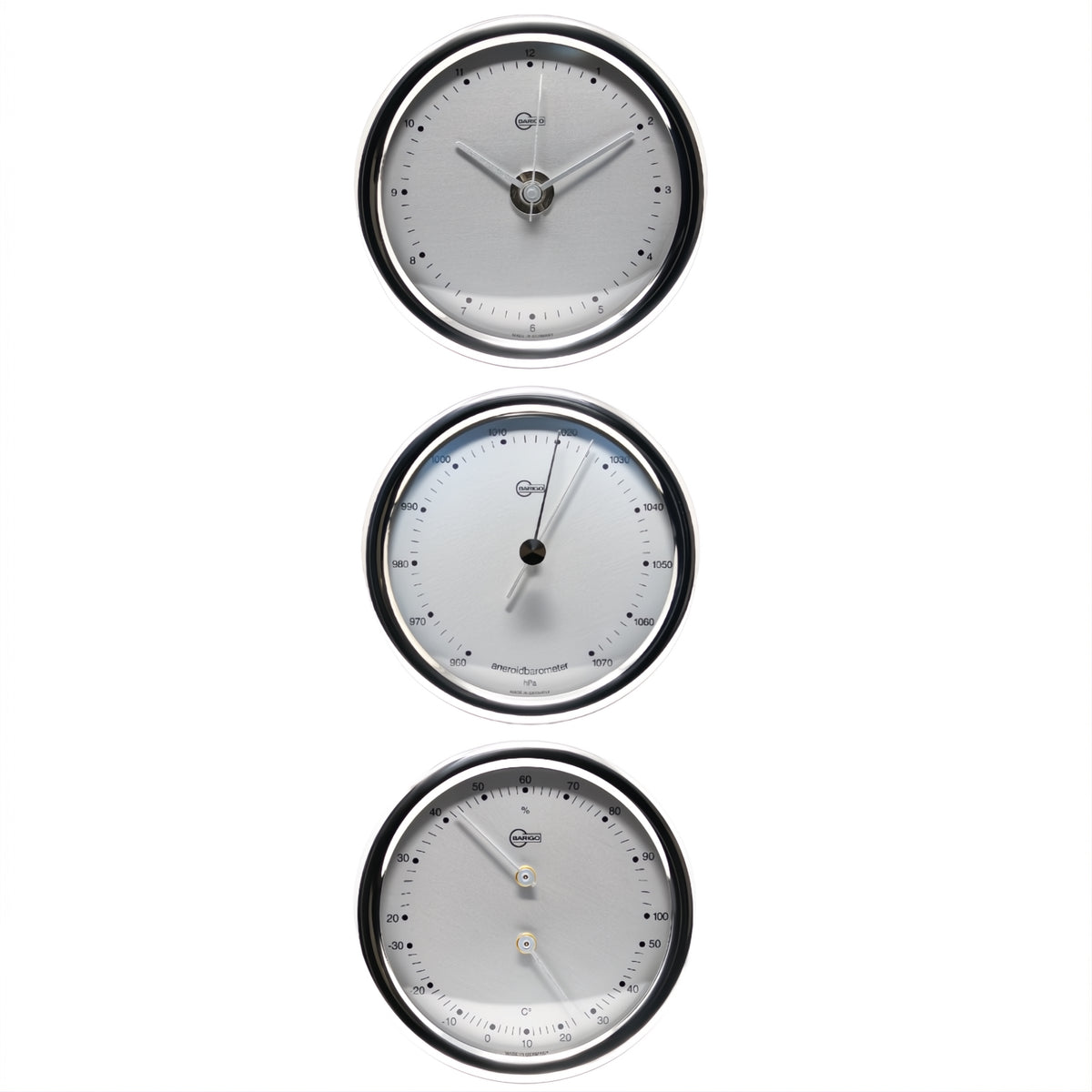 Barigo Orion instrumentenset wit 102 mm – scheepsklok, barometer en thermo-hygrometer 823RFPO-827RFPO-829RFPO witte wijzerplaat, zilverkleurige wijzers, cijfers en indexen en rvs behuizing