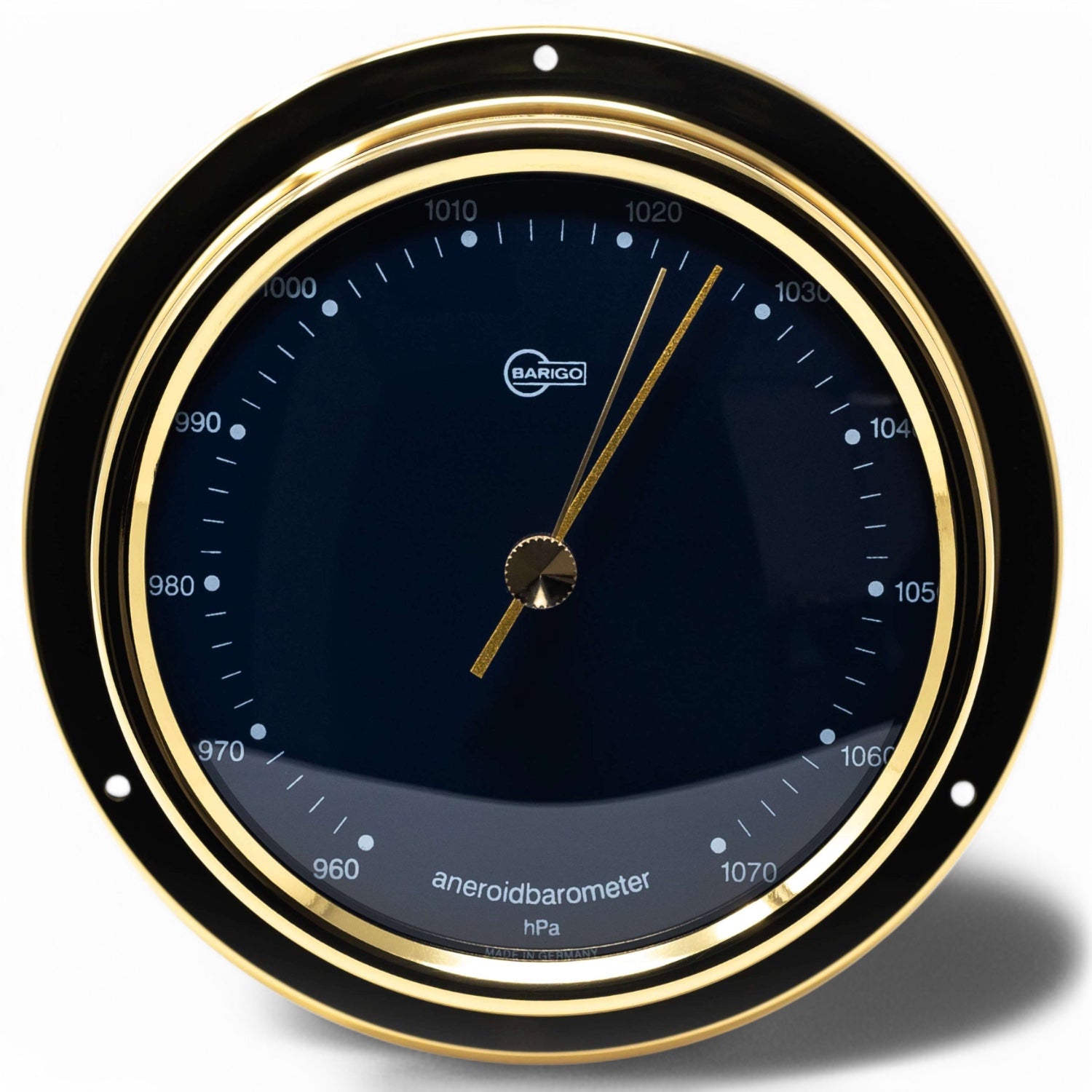 Barigo Regatta barometer 120 x 40 mm, messing met blauwe wijzerplaat, 184MS BL vooraanzcht