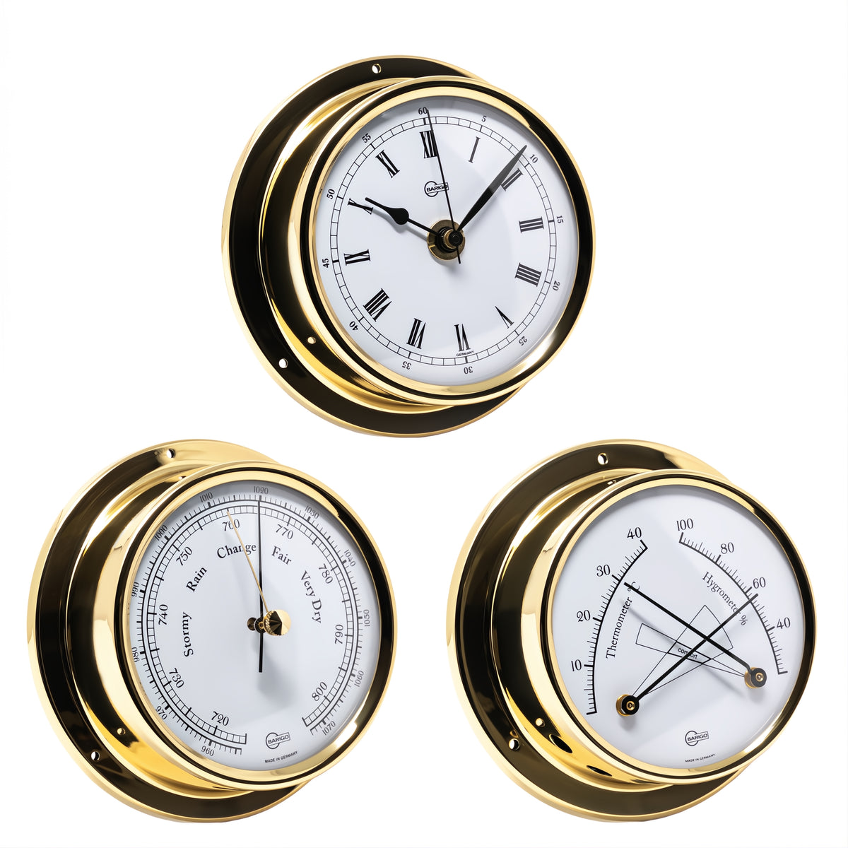 Barigo Regatta set van 3 instrumenten messing klok barometer en thermo hygrometer