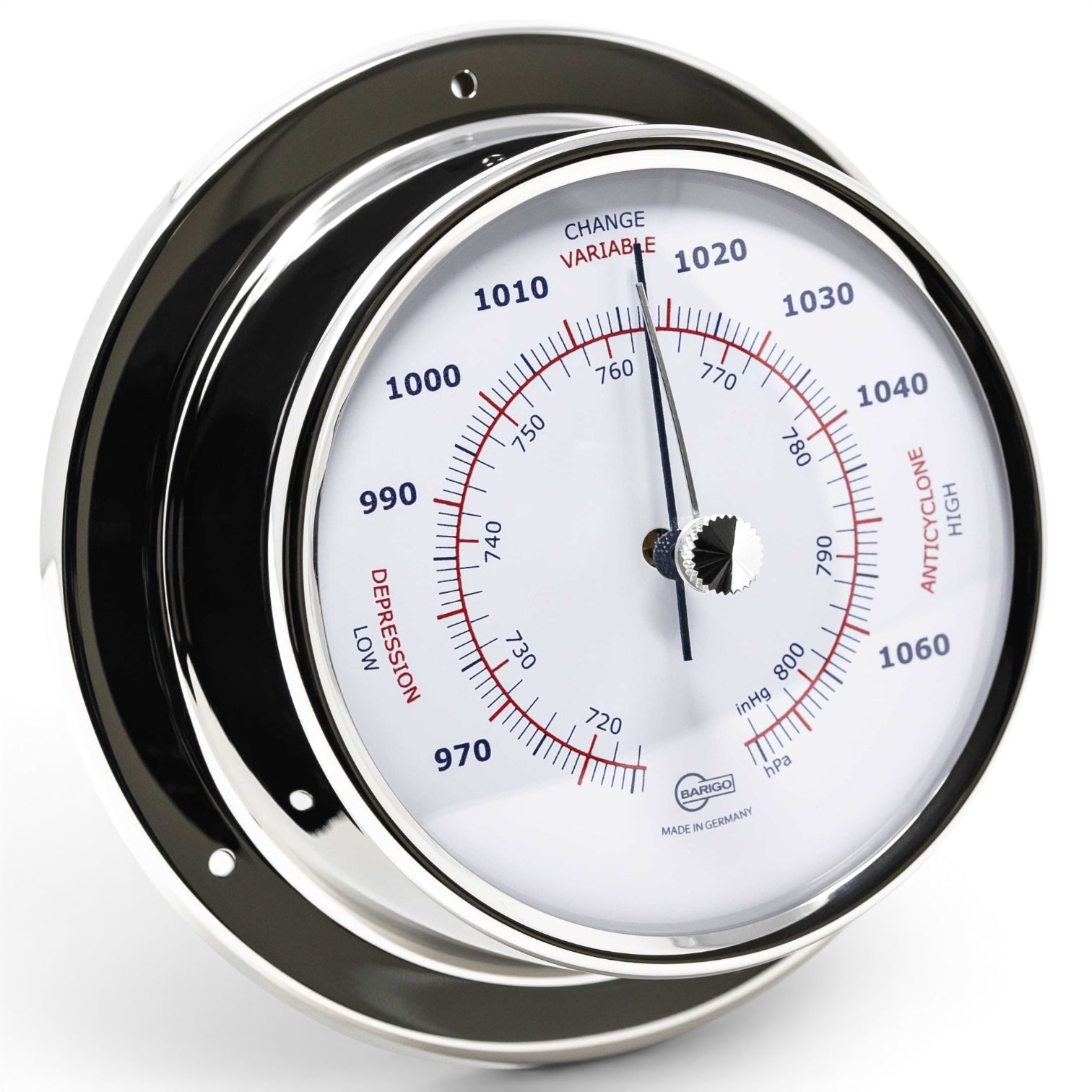 Barigo Sky chrome barometer met Arabische cijfers witte wijzerplaat in Hpa en InHg  ø110 mm 183RFPO-AV