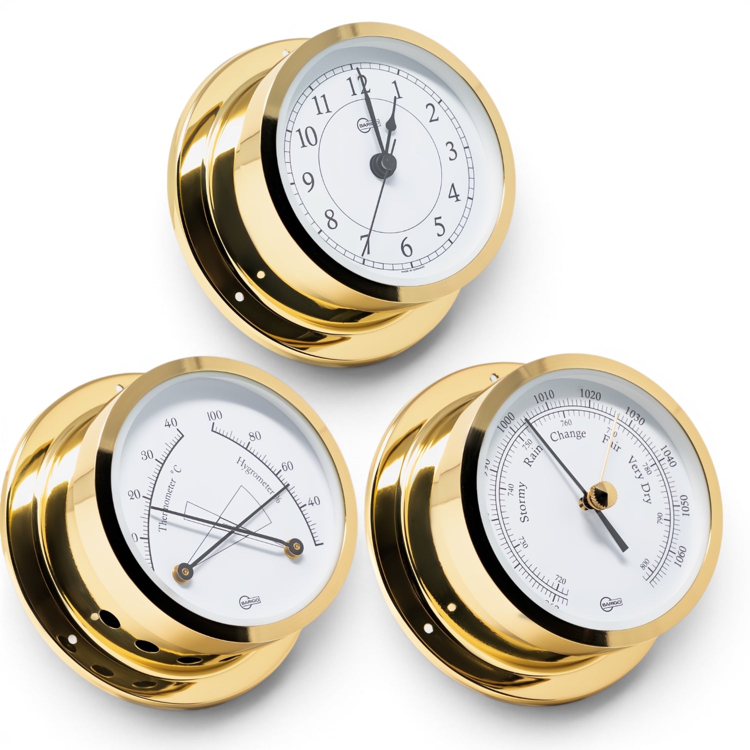 Barigo Star messing set van 3 instrumenten klok barometer en Comfortmeter ø110mm