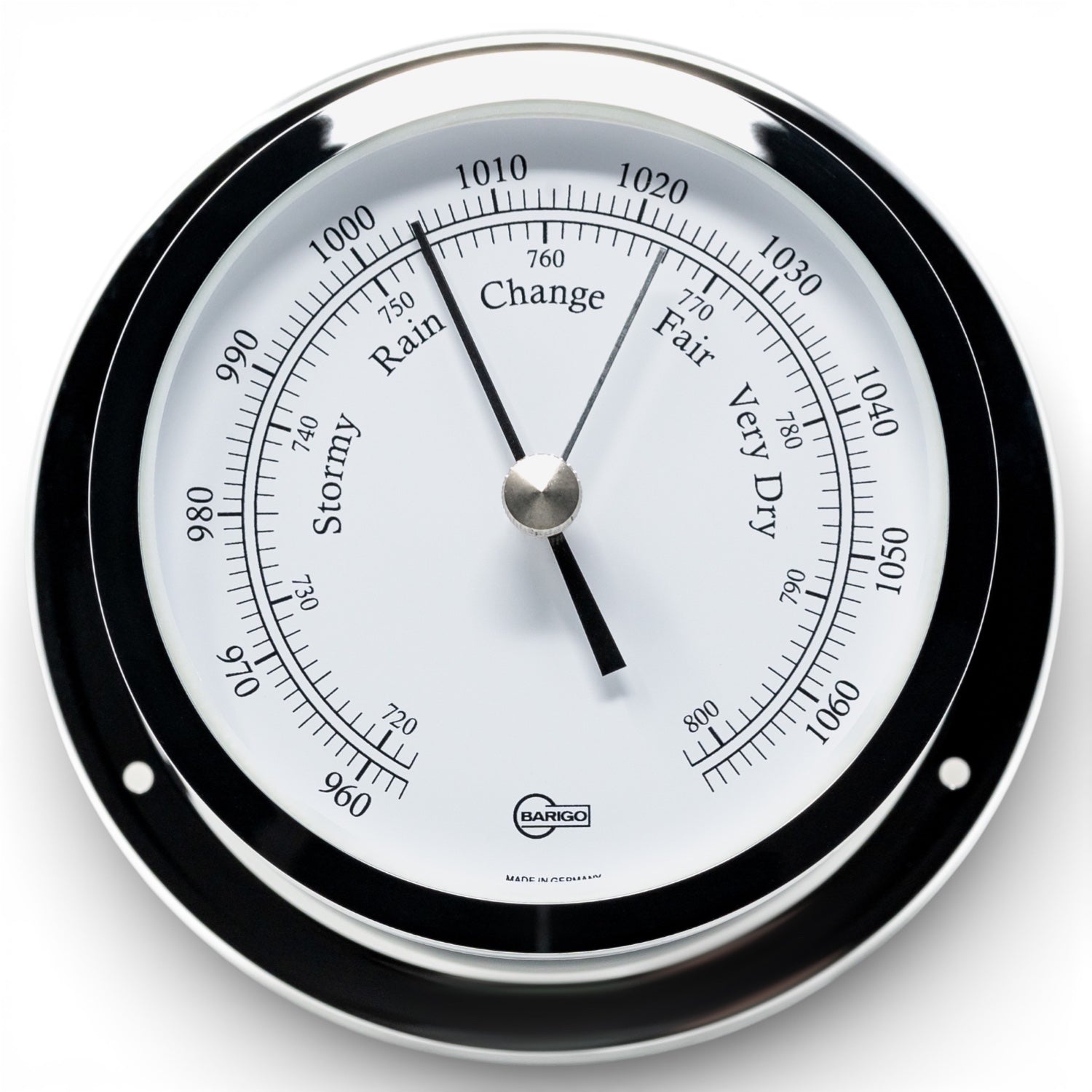 Barigo Star barometer 110 mm – klassiek en nauwkeurig, vooraanzicht met witte wijzerplaat en zwarte cijfers 1185CR chroom