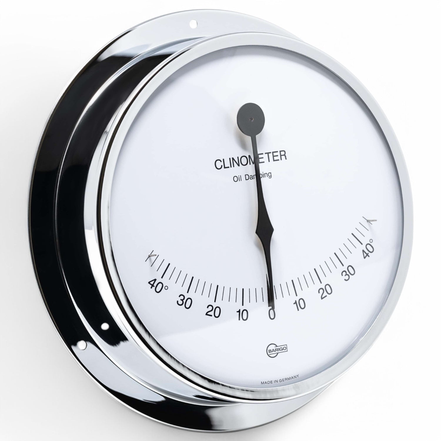 Barigo Viking clinometer in chroom kleur, witte wijzerplaat met heldere zwarte cijfers en wijzer 