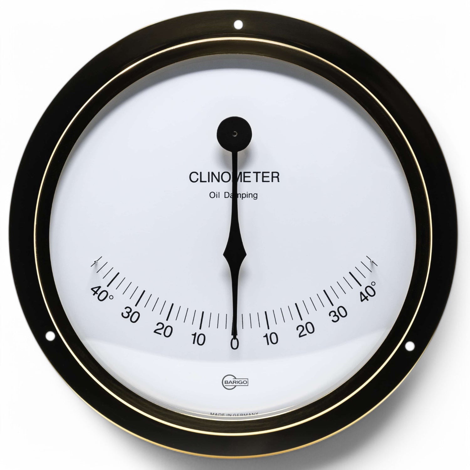 Barigo Viking clinometer in messing kleur, witte wijzerplaat met heldere zwarte cijfers en wijzer vooraanzicht