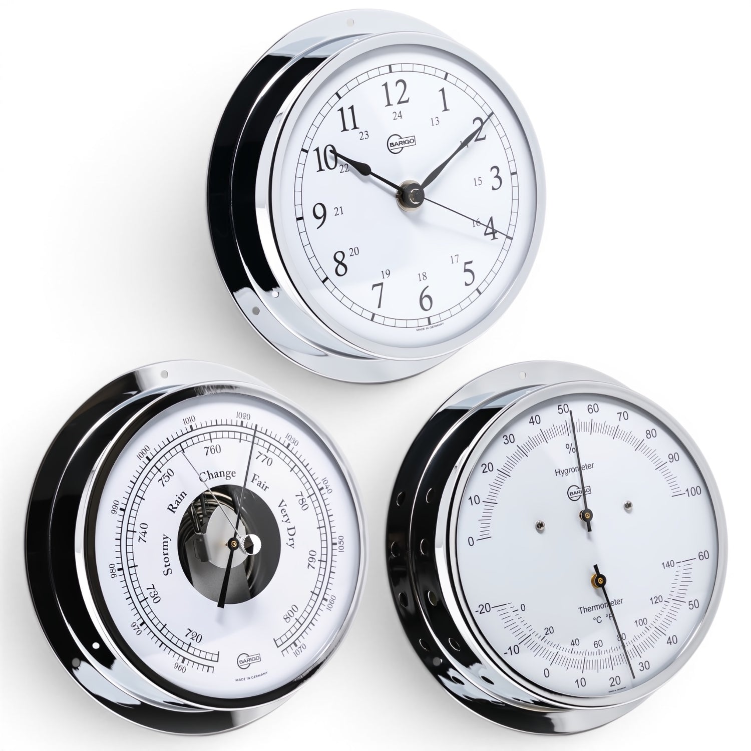 Barigo Viking set van 3 in chroom met een scheepsklok, barometer en thermohygrometer ø155 mm
