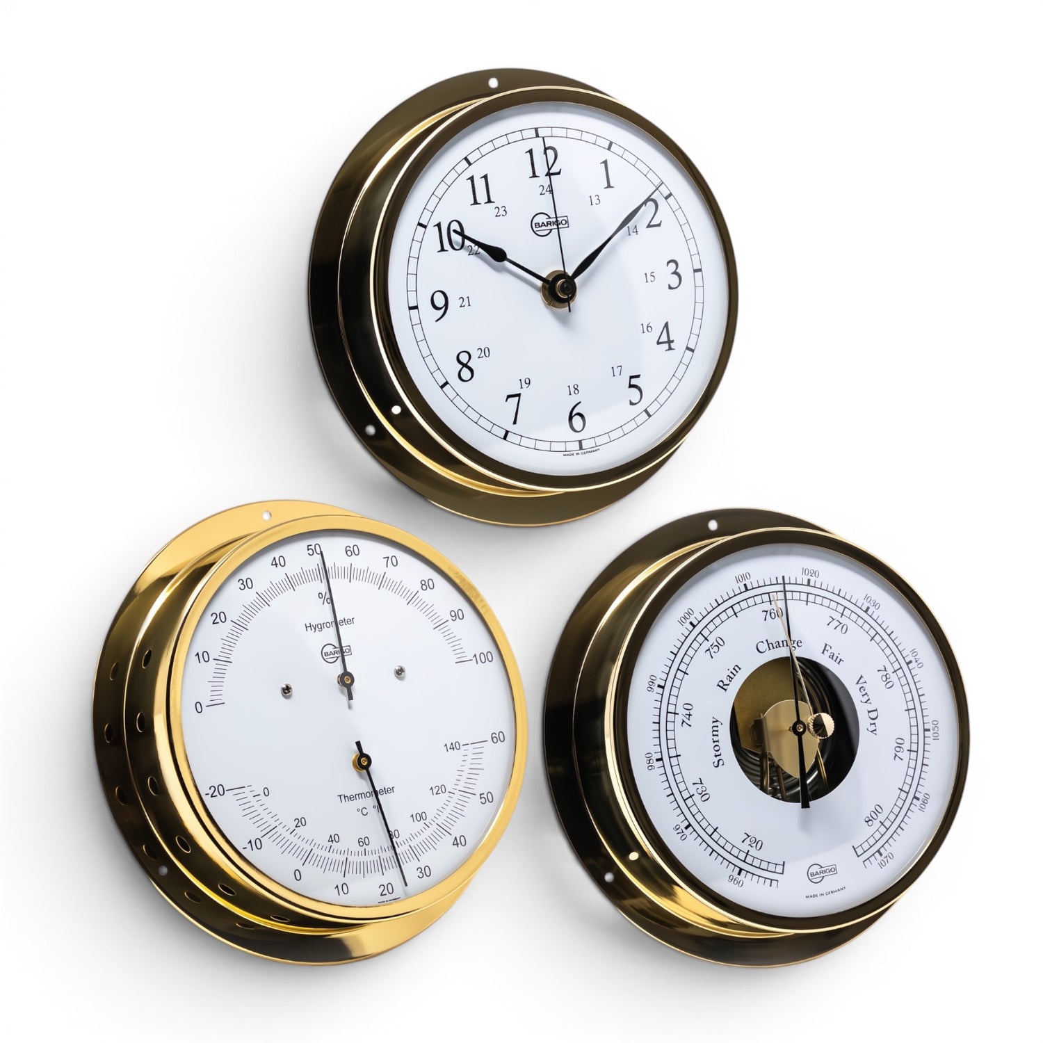 Barigo Viking set van 3 in messing met een scheepsklok, barometer en thermohygrometer ø155 mm