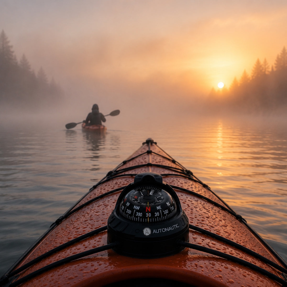 C2-KAYAK_compass_on_a_red_kayak_in_the_fog_with_the_sun_that_is_going_down