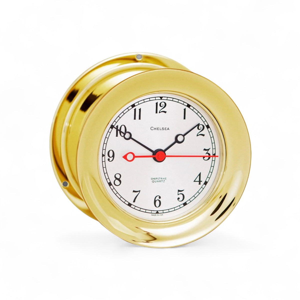 Chelsea Clock 40033 wandklok messing Ø14 cm – Quartz uurwerk – Luxe & klassiek van schuin van voren