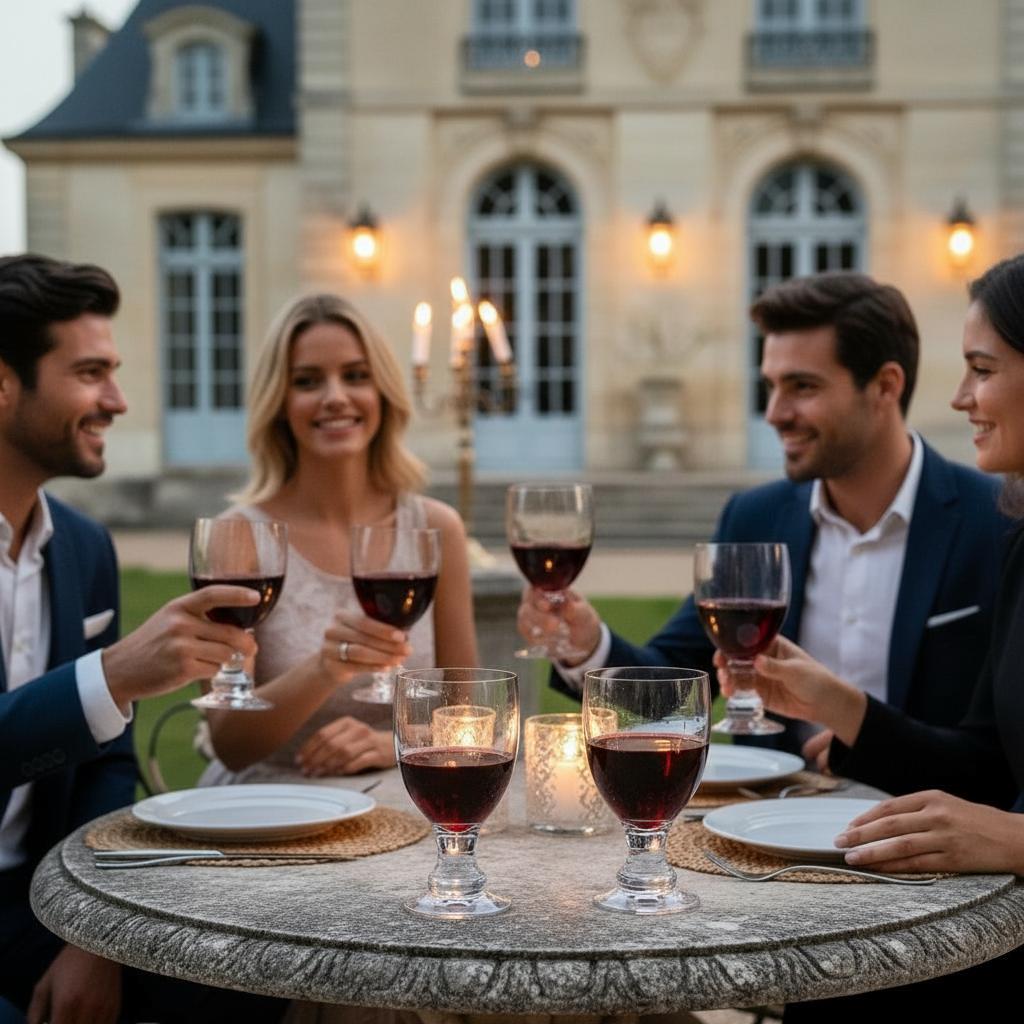 Clear bella goblets filled with red wine on a table 