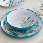 Coastal melamine servies - met oceaandecor in wit, turquoise, grijs diep bord met dinerbord