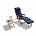 Deckchair Steamer - teakhout, inklapbaar (170 x 95 cm) met bijzettafel en navy kussenset