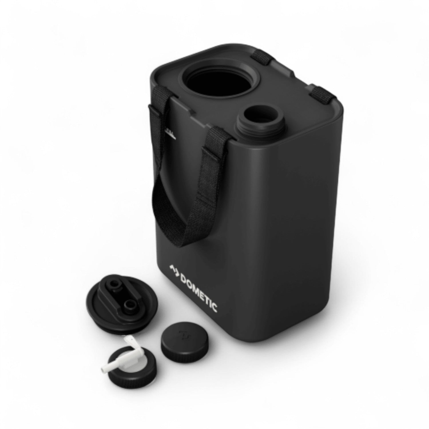 Dometic GO watertank 11L - draagbaar, compact, in slate zwart zij aanzicht geopend met dop ernaast.