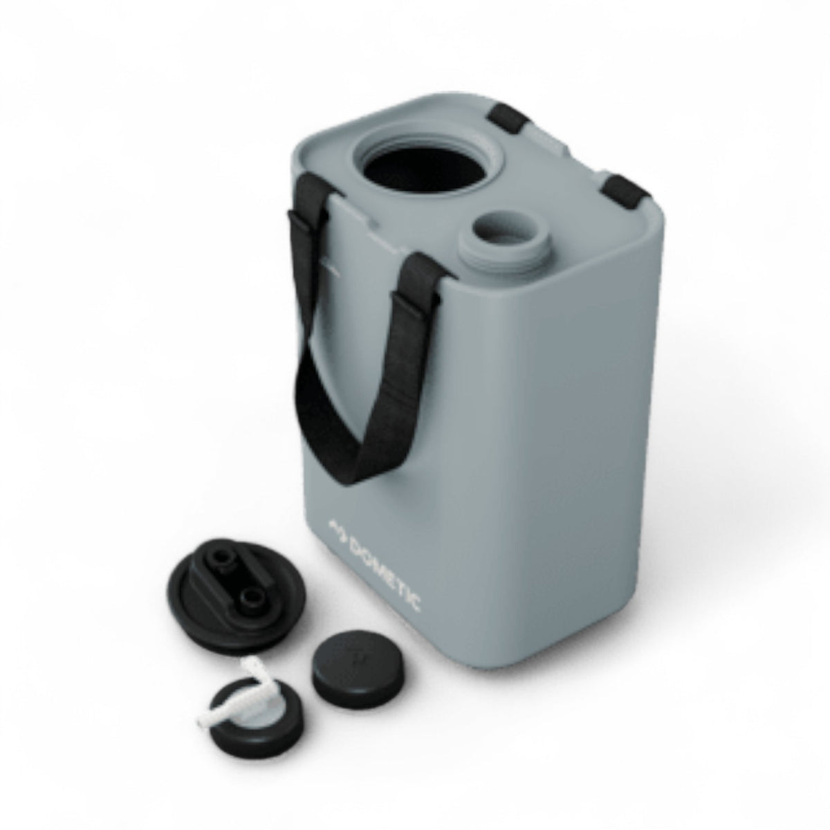 Dometic GO watertank 11L - draagbaar, compact, zijaanzicht met geopende dop, grijze kleur glacier