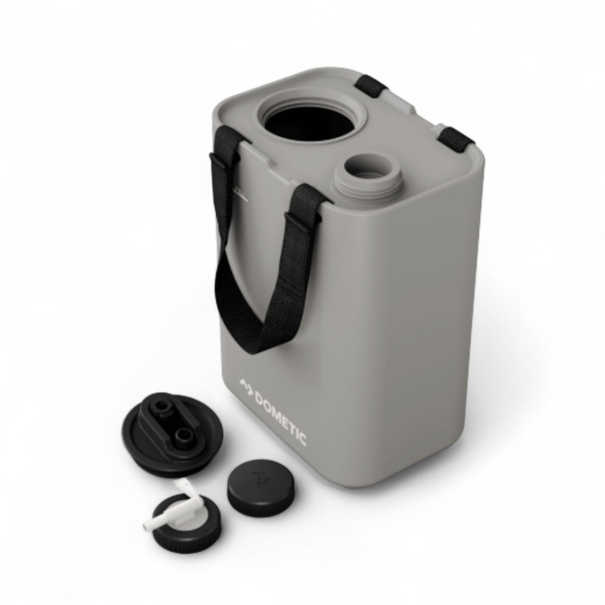 Dometic GO watertank 11L - draagbaar, compact, zijaanzicht met geopende dop, grijze kleur glacier