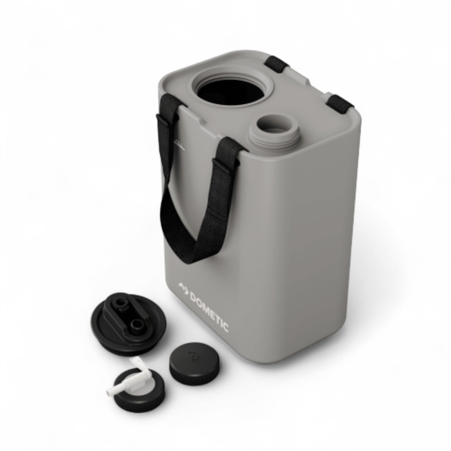 Dometic GO watertank 11L - draagbaar, compact, zijaanzicht met geopende dop, grijze kleur glacier