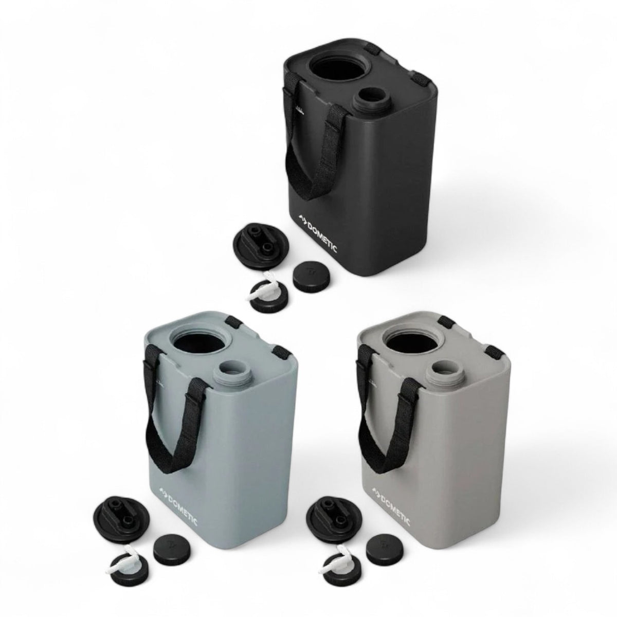 Dometic GO watertank 11L 3 kleuren, geopende doppen ernaast