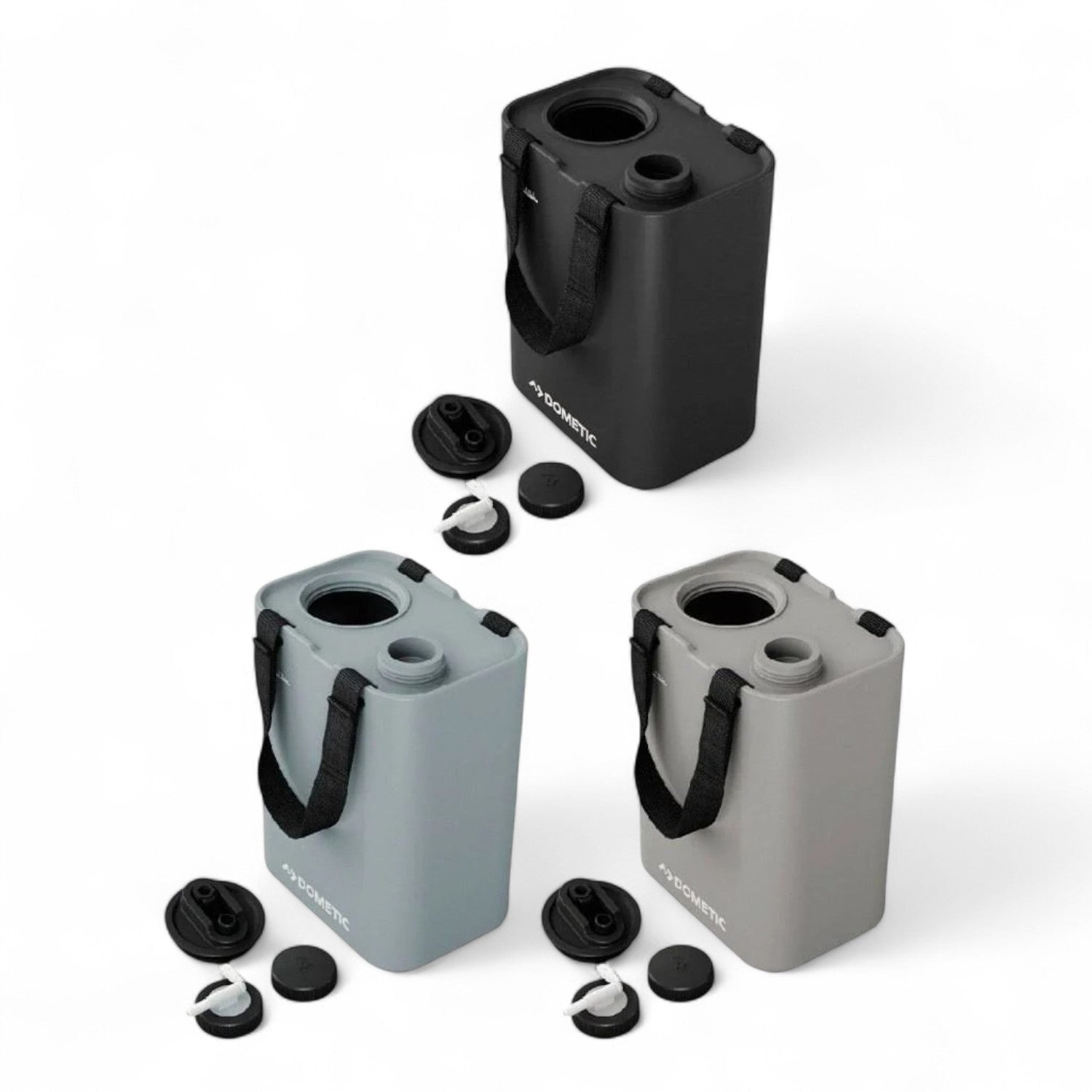 Dometic GO watertank 11L 3 kleuren, geopende doppen ernaast