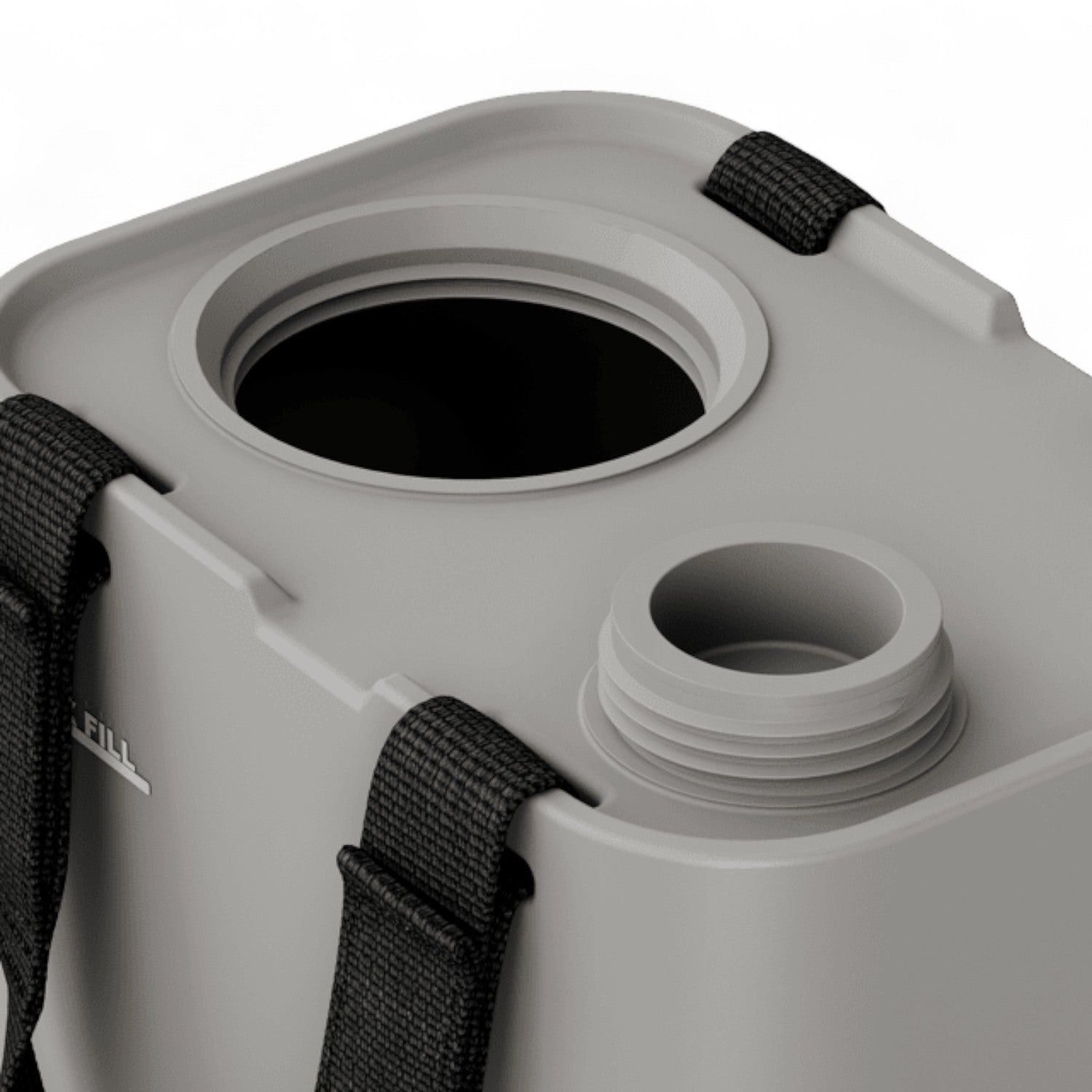 Dometic Go 11 liter watertank in kleur ash, lichtgrijs met zwart dop en zwart hengsel ingzoomd op open bovenkant