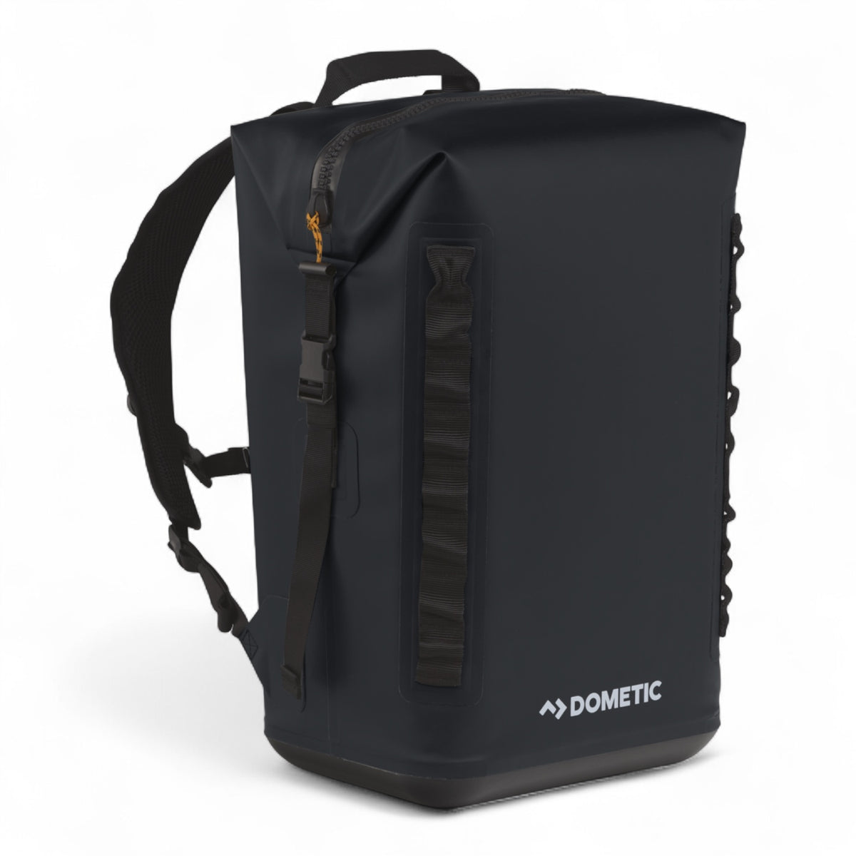 Dometic PSC22BP koelrugzak – waterdichte koeltas backpack 22L in kleur Slate van de zijkant gezien met brand naam Dometic op voorkant