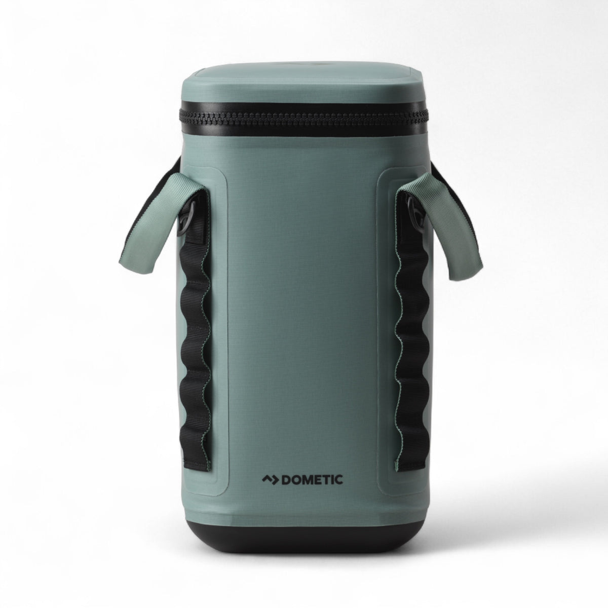Dometic PSC9 Soft Cooler – compacte waterdichte koeltas in kleur Moss van de voorzijde gefotografeerd met een dichte stevige rits en handvaten met opbergruimte