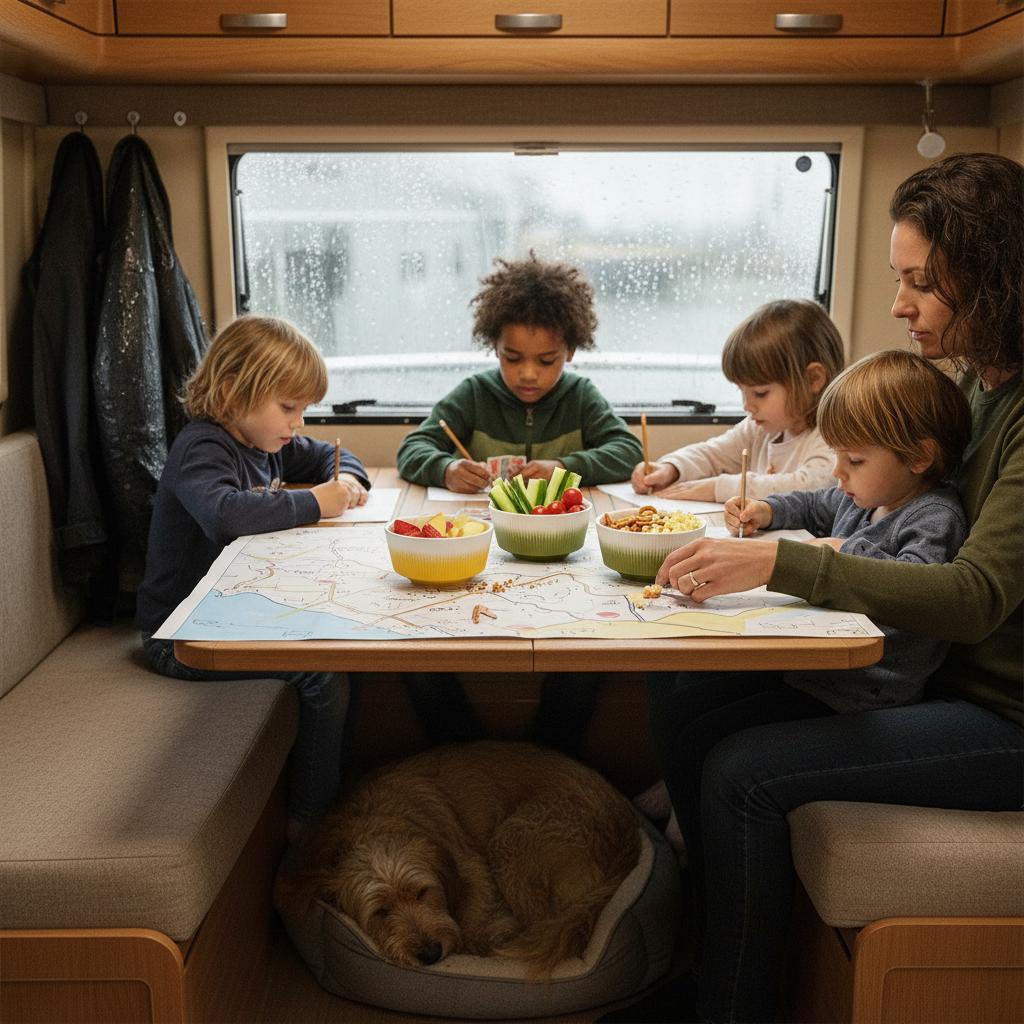 Drie Flamefield Soleil kommen melamine ribbel matte look met rauwkost en nootjes gevuld op tafel in een caravan met een moeder, kinderen die tekenen en een slapende hond