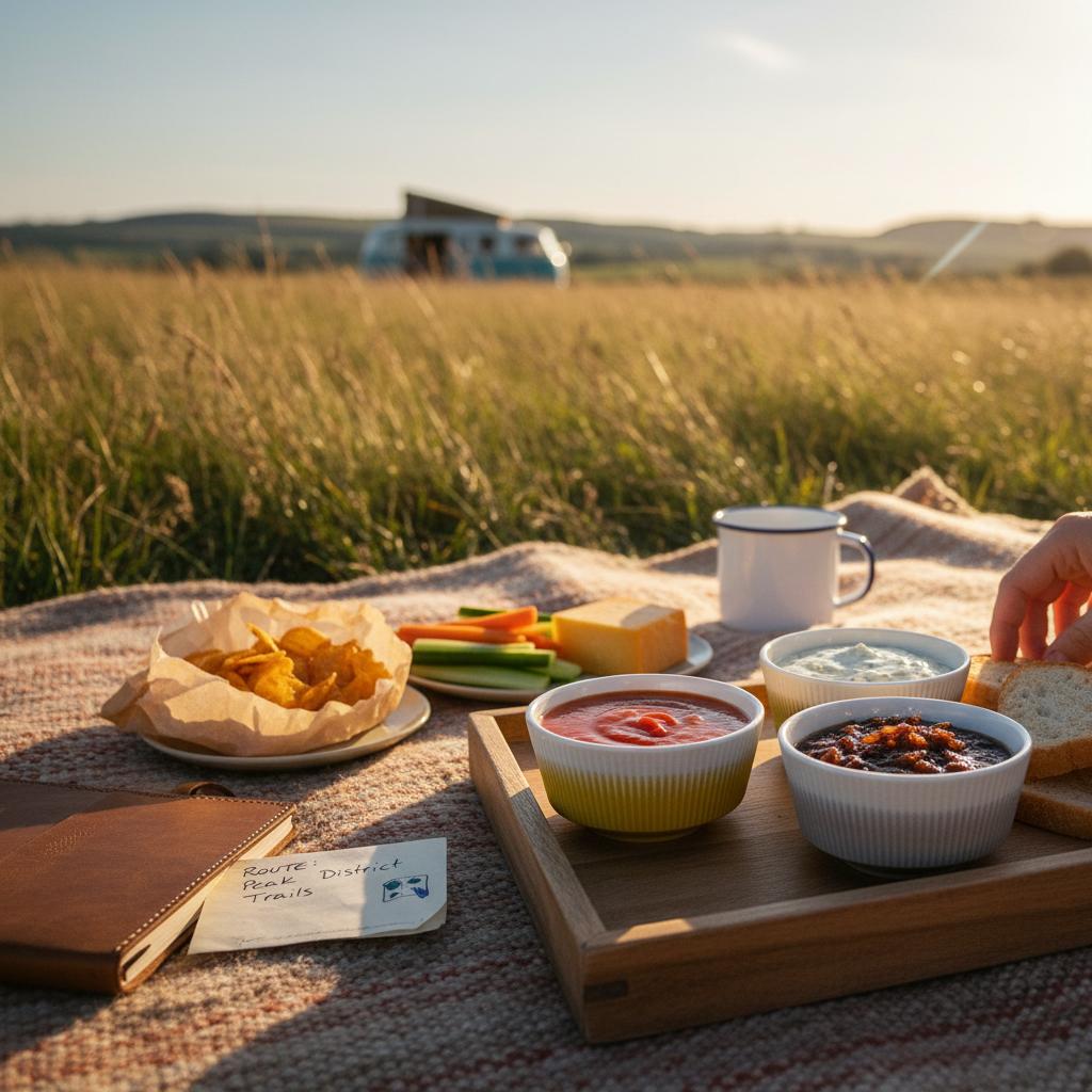 Drie Flamefield Soleil kommen melamine ribbel matte look met sausjes gevuld op een houten dienblad in een grasveld onderweg met op de achtergrond een Volkswagen busje