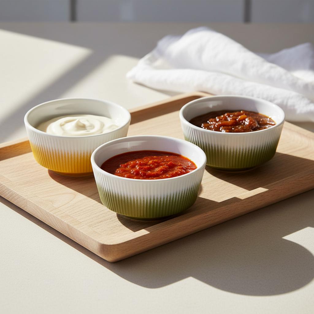 Drie Flamefield Soleil kommen melamine ribbel matte look met sausjes gevuld op een houten tray
