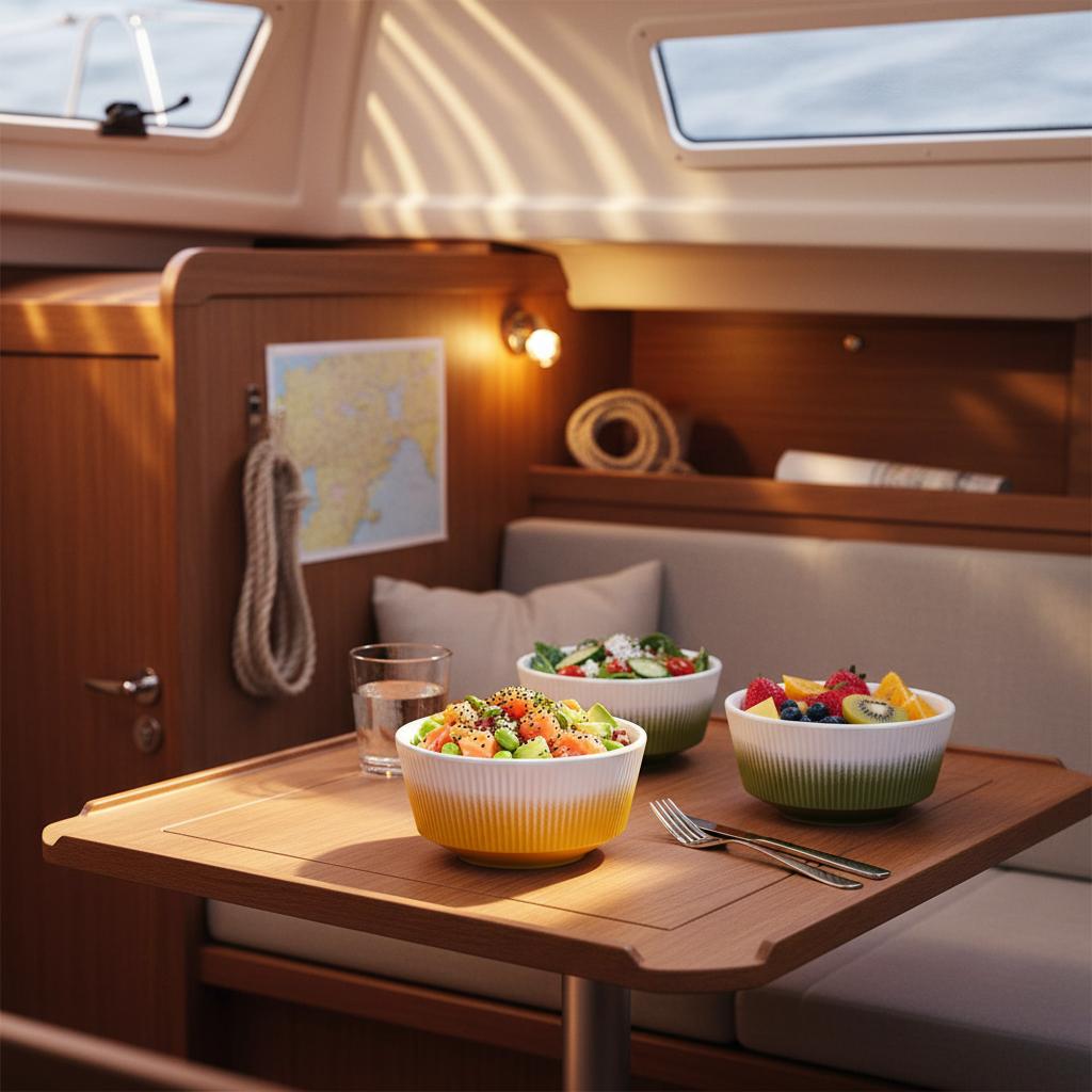 Drie Soleil kommen melamine ribbel matte look met salades gevuld in een kajuit aan boord