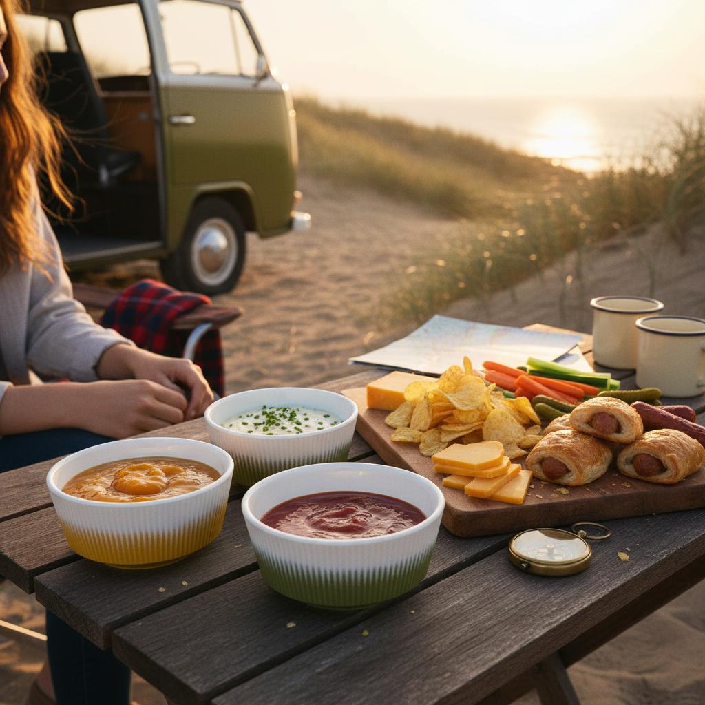 Drie Soleil kommen melamine ribbel matte look met sauzen gevuld op een picknicktafel met een camper busje op de achtergrond