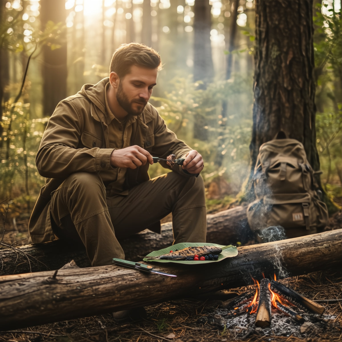 Een man in groene outfit die in het bos de Flamefield portable cutlery gebruikt
