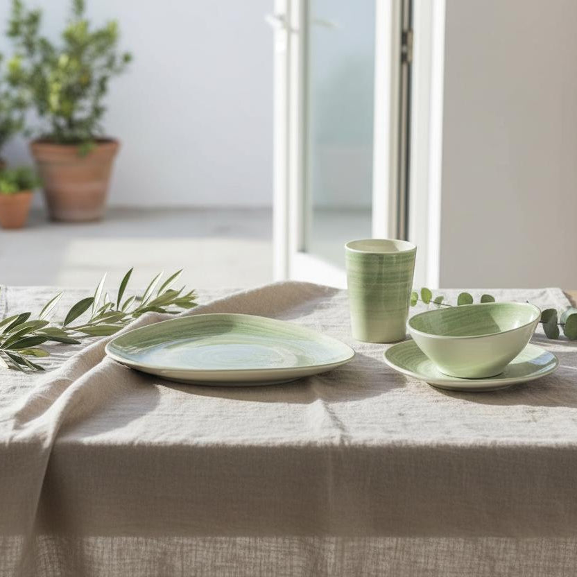 FF Collection Aegean Land green 16-delige melamine servies set anti-slip met uitgestald op een houten tafel met een linnen tafelloper eronder

