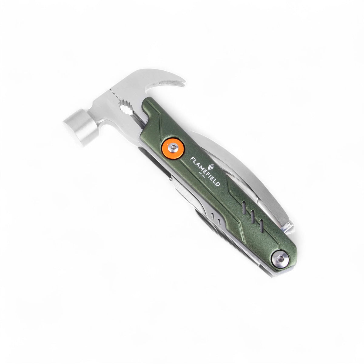Flamefield 11-in-1 Multi-Tool Hammer Forest Green ingeklapt van stevig rvs