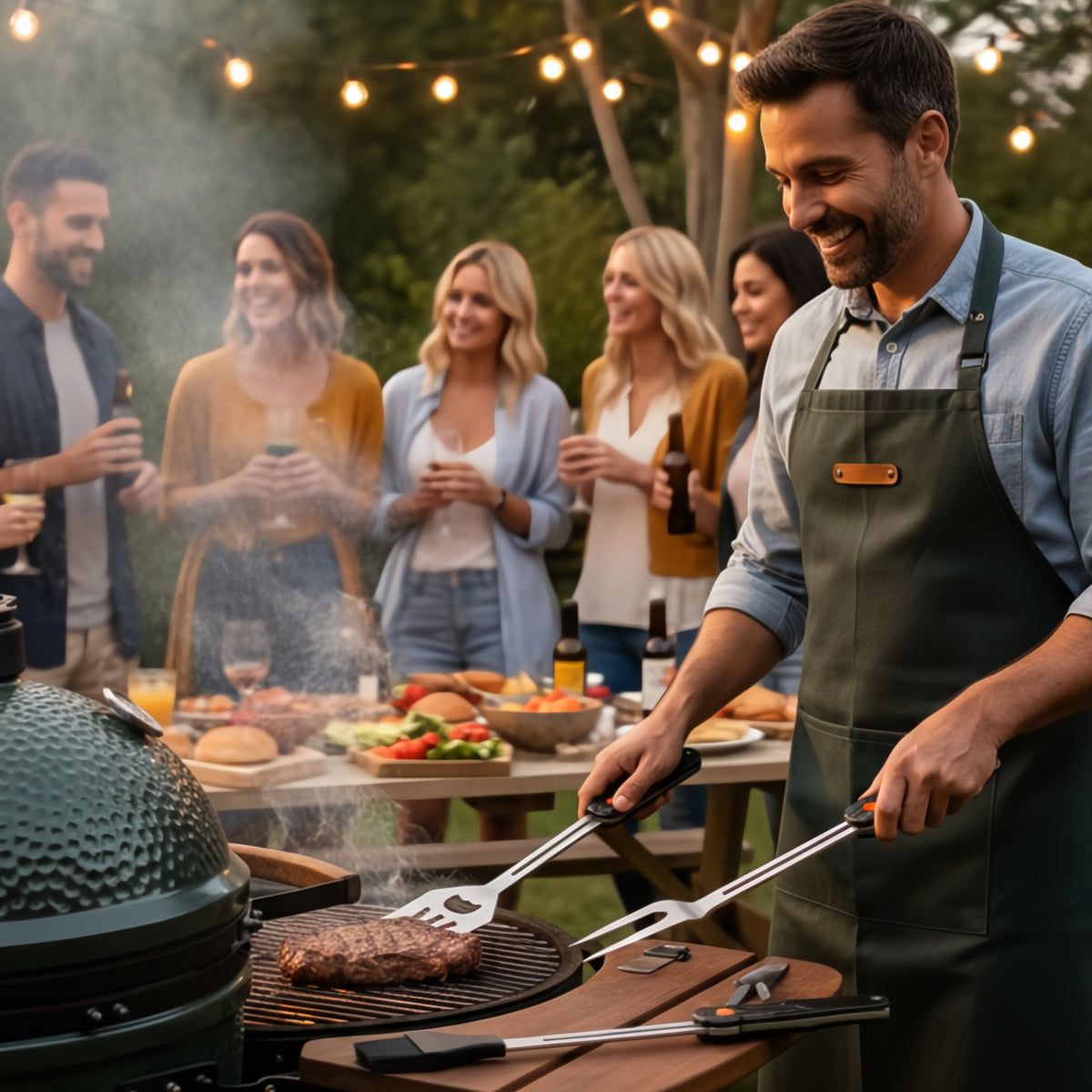 Flamefield 5-in-1 BBQ gereedschap in gebruik op een feest, man gebruikt de tool bij een bbq met vijf vrienden op de achtergrond