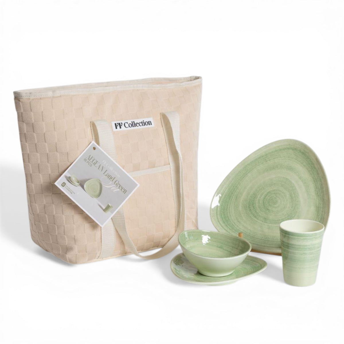 Flamefield Aegean Land Green 16-delige melamine servies set anti-slip met koeltas ingezoomd