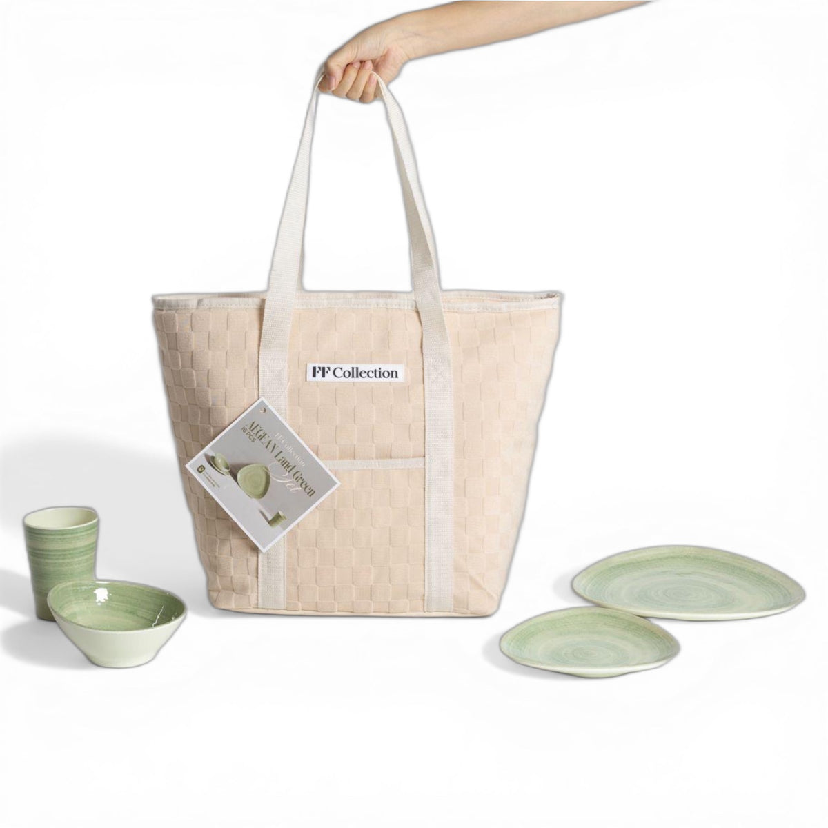 Flamefield Aegean Land green koeltas in creme wit met zacht groen servies