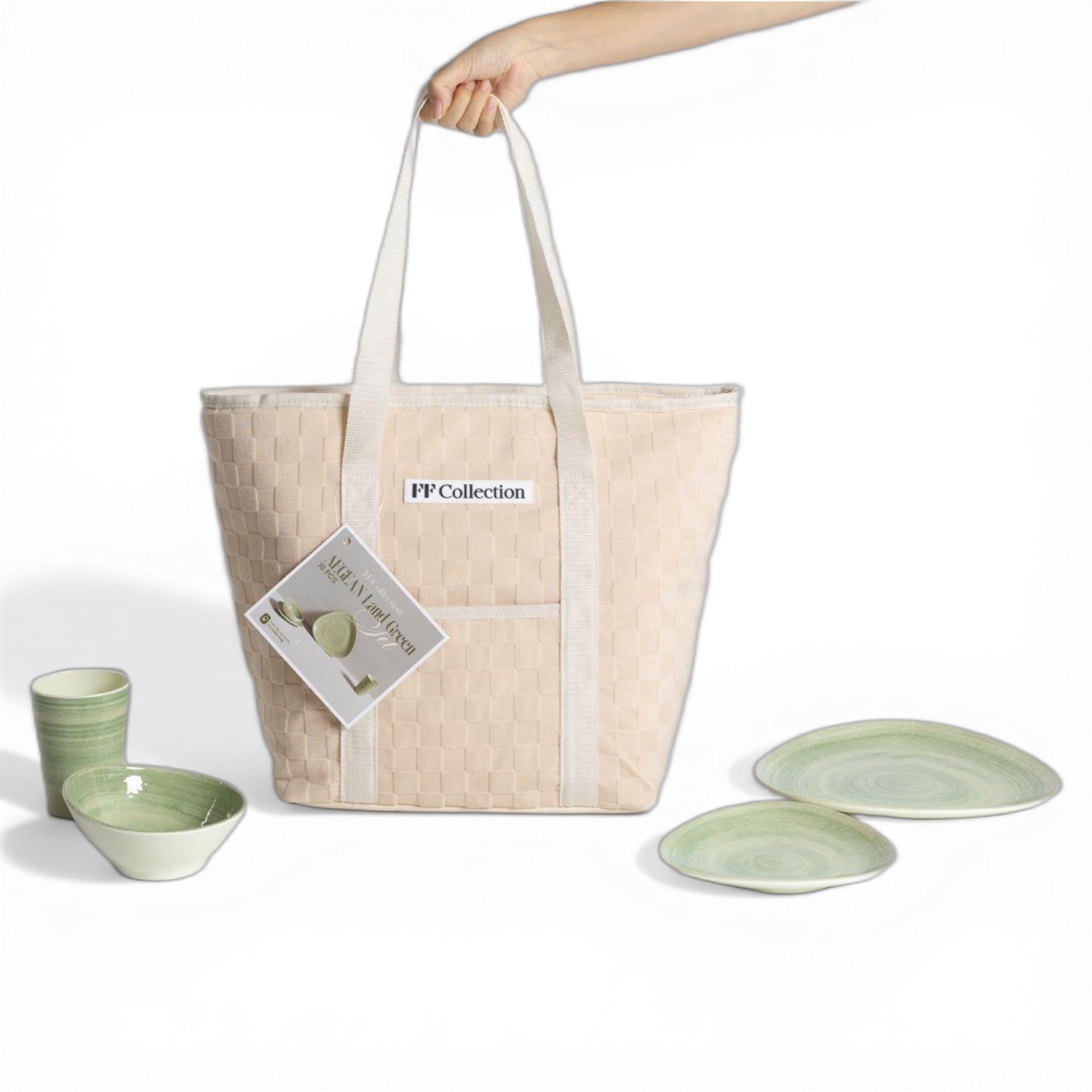 Flamefield Aegean Land green koeltas in creme wit met zacht groen servies