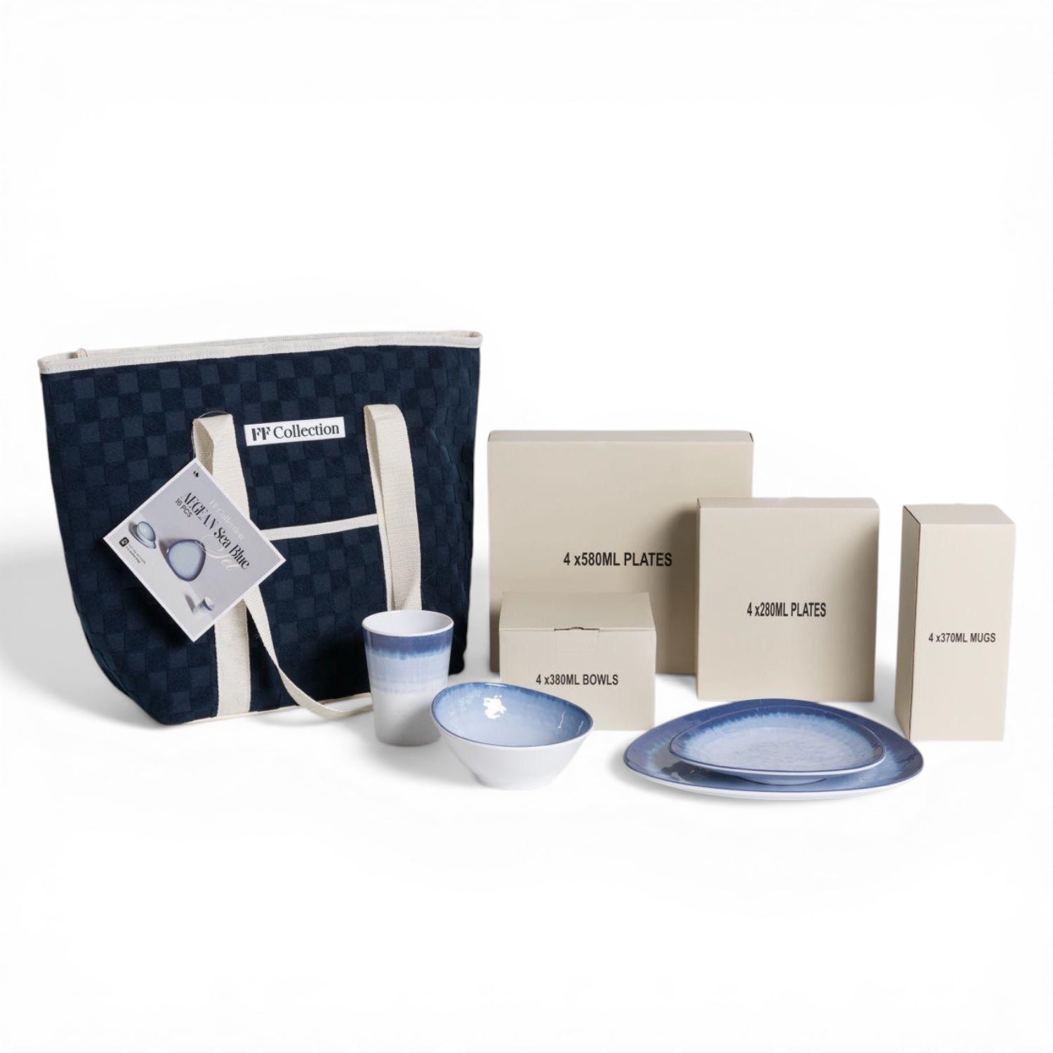 Flamefield Aegean Sea Blue 16-delige melamine servies set anti-slip met koeltas en alle verpakkingsdoosjes die erbij horen uitgestalt naast elkaar