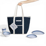 Flamefield Aegean Sea Blue 16-delige melamine servies set anti-slip met koeltas ingezoomd