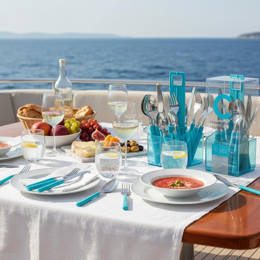 Flamefield Aqua bestekset 16-delig op gedekte tafel op een boot 