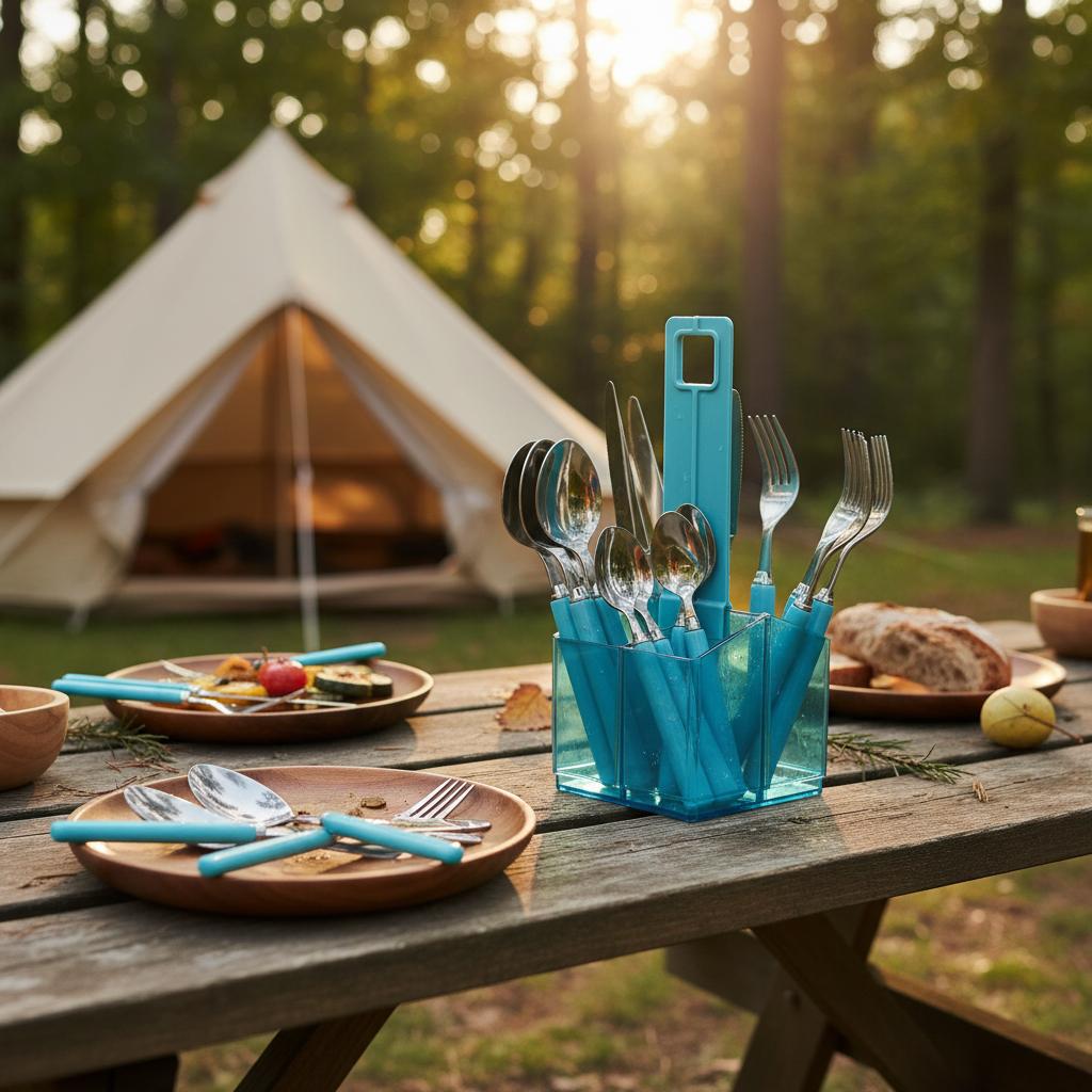 Flamefield Bestekset  aqua op een tafel  in een camping met een tent op de achtergrond