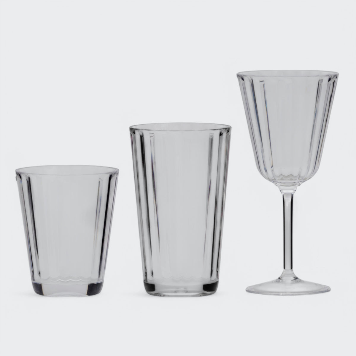 Flamefield Crystal Line glazen op een rij waterglas, longdrinkglas, wijnglas