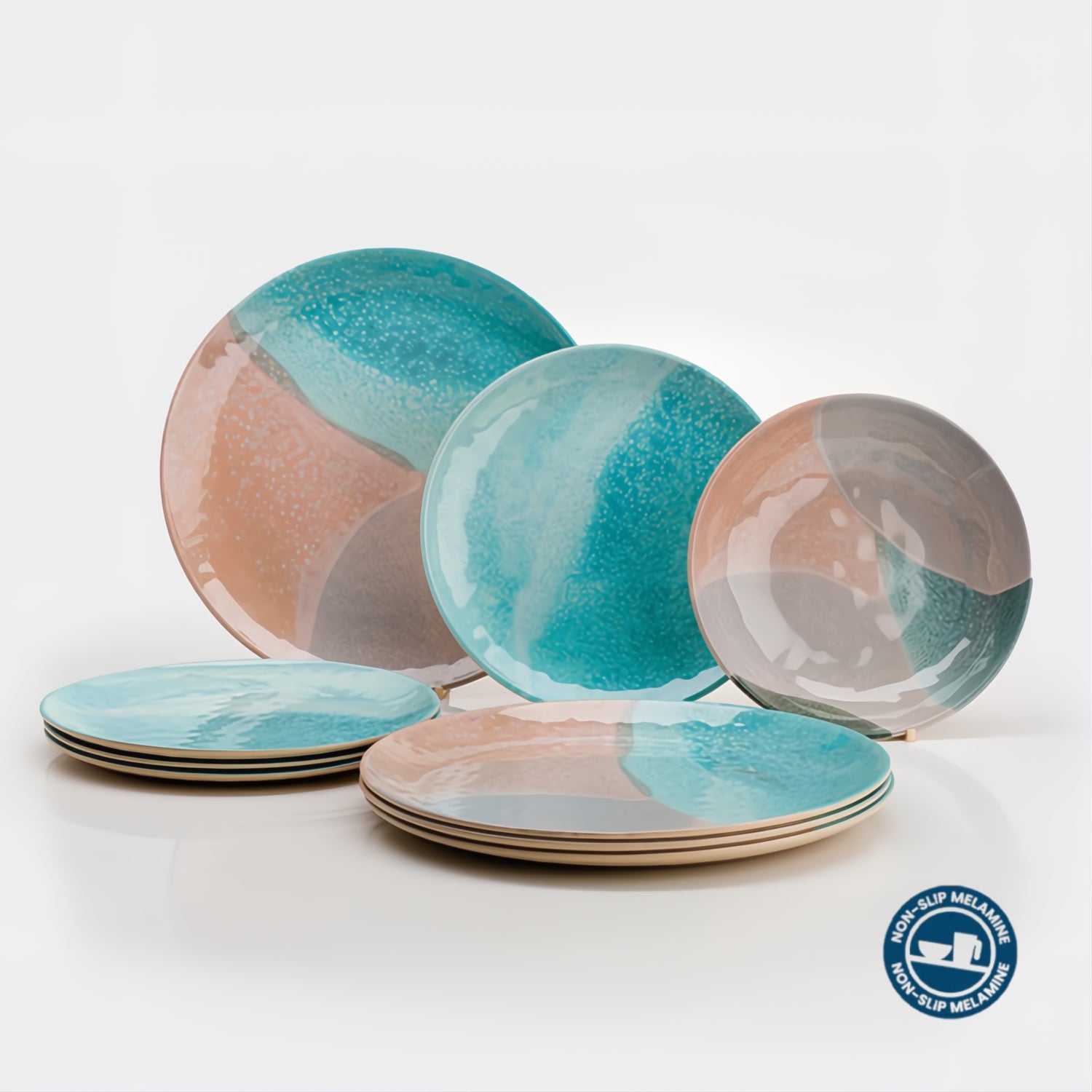 Flamefield Dunes serviesset – 12-delig melamine onbreekbaar servies in zand en blauw