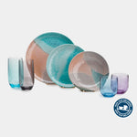 Flamefield Dunes serviesset – 12-delig melamine onbreekbaar servies in zand en blauw met Moondust glazen diverse kleuren