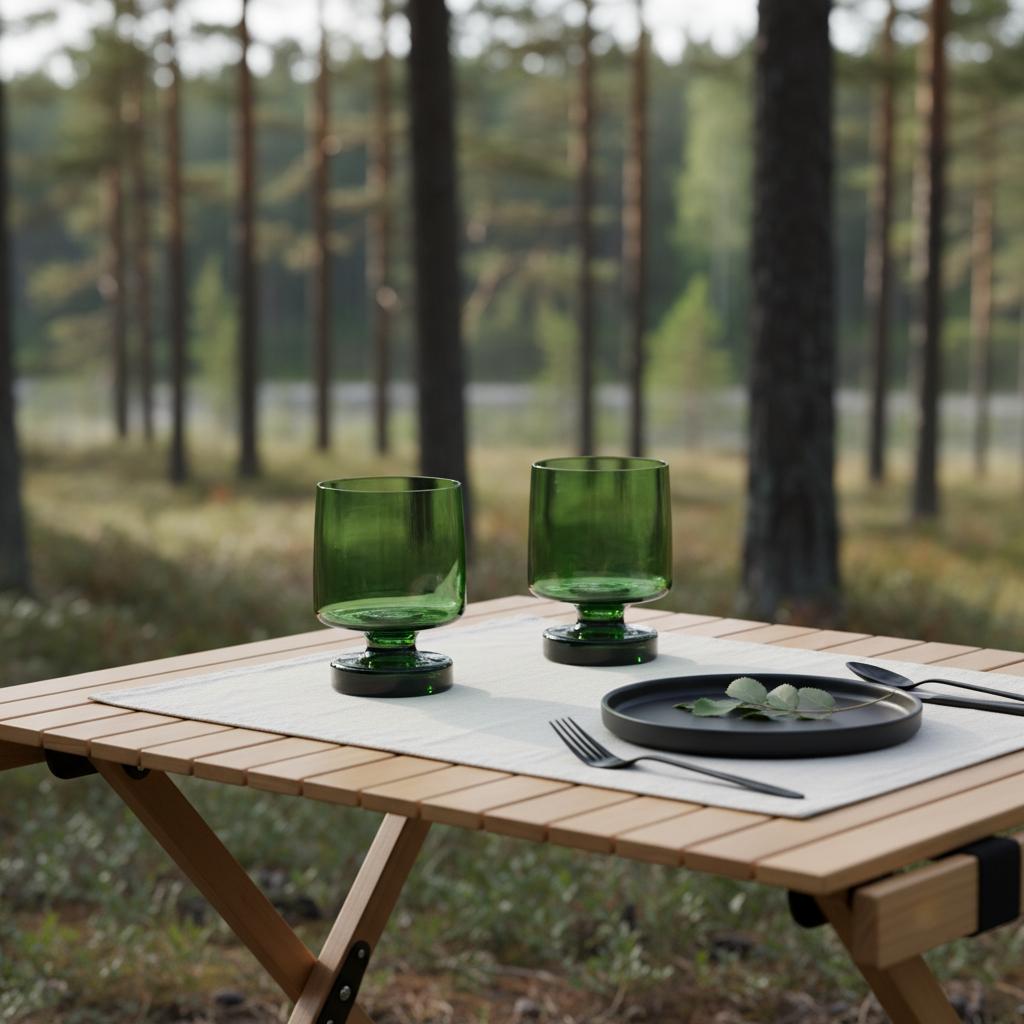 Flamefield Heavy Base drinkglas Tritan in kleur groen set van twee op een campingtafel in een setting in het bos