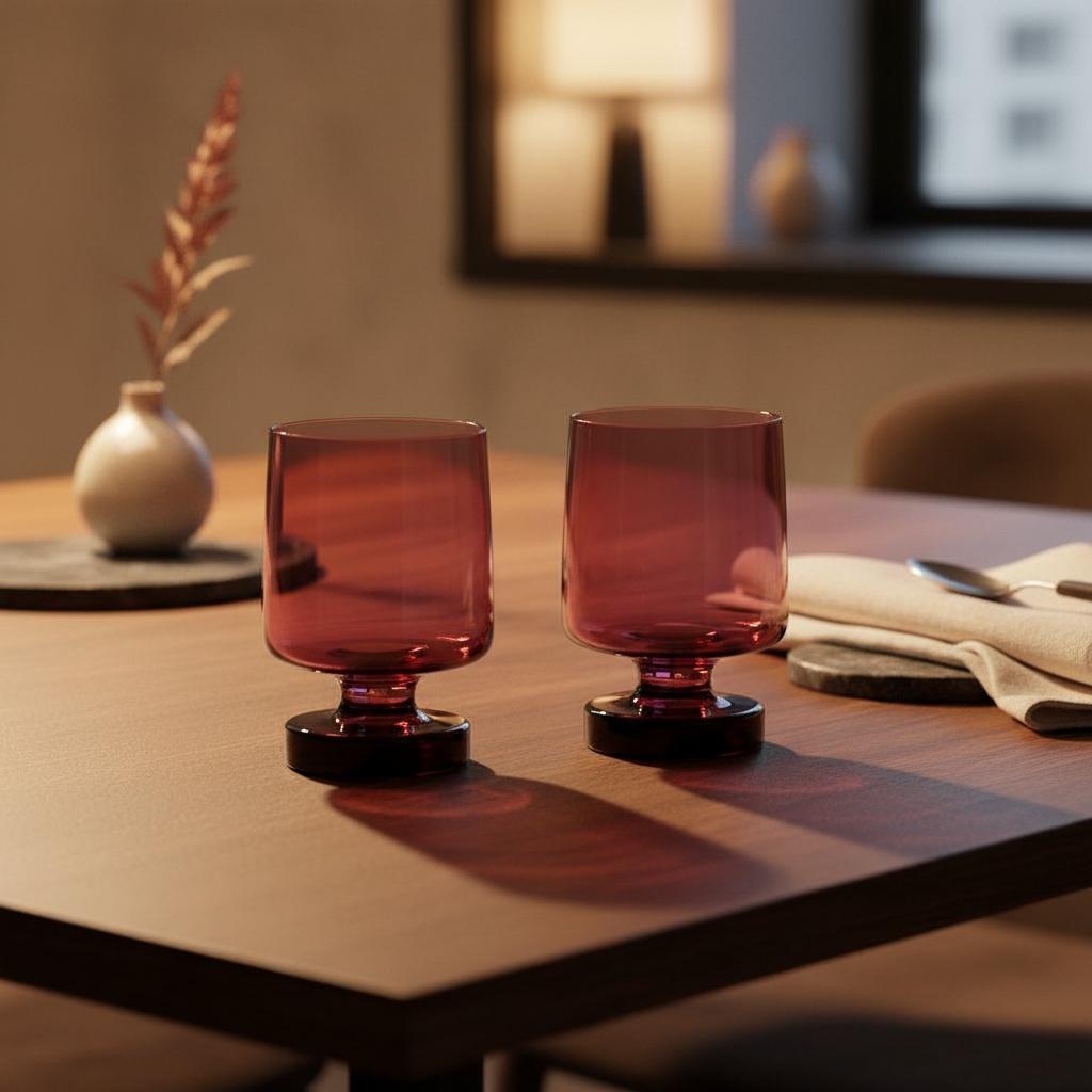 Flamefield Heavy Base drinkglas Tritan in kleur kersenrood set van twee op een tafel van donker hout met op de achtergrond een vaas met een takje