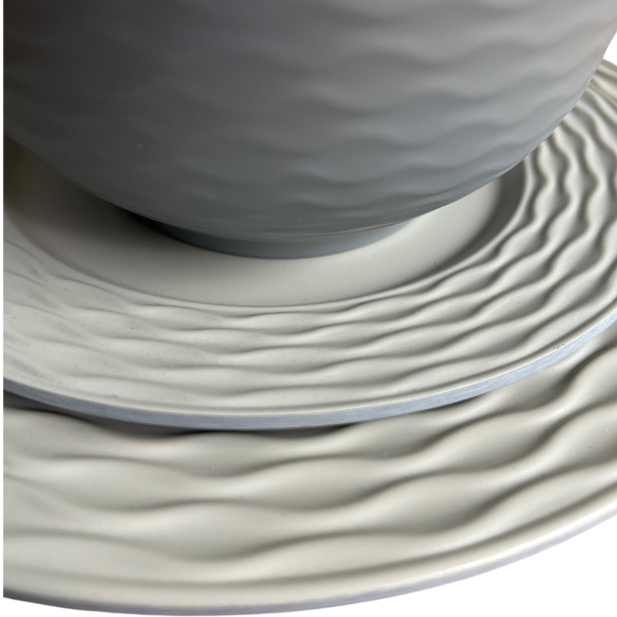 Flamefield Ripple Sand RS0112 melamine servies zand, grijs, natuur relief ingezoomd detail